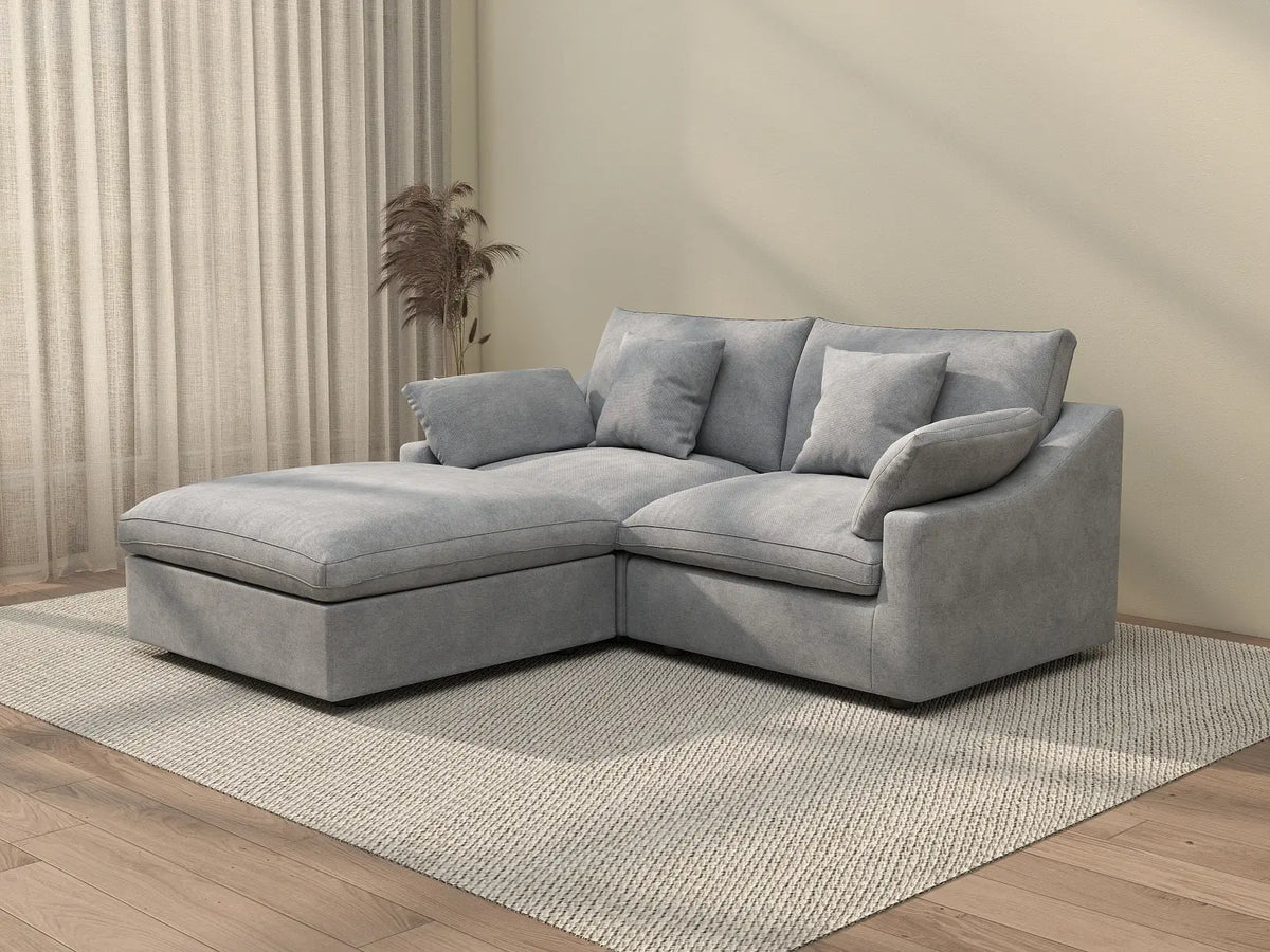 Deluxe Cloud 2-Seater Light-Grey Washable Chaise Sectional | 3-Piece (includes 1 Ottoman), Chenille and Linen Fabric, Modular Design