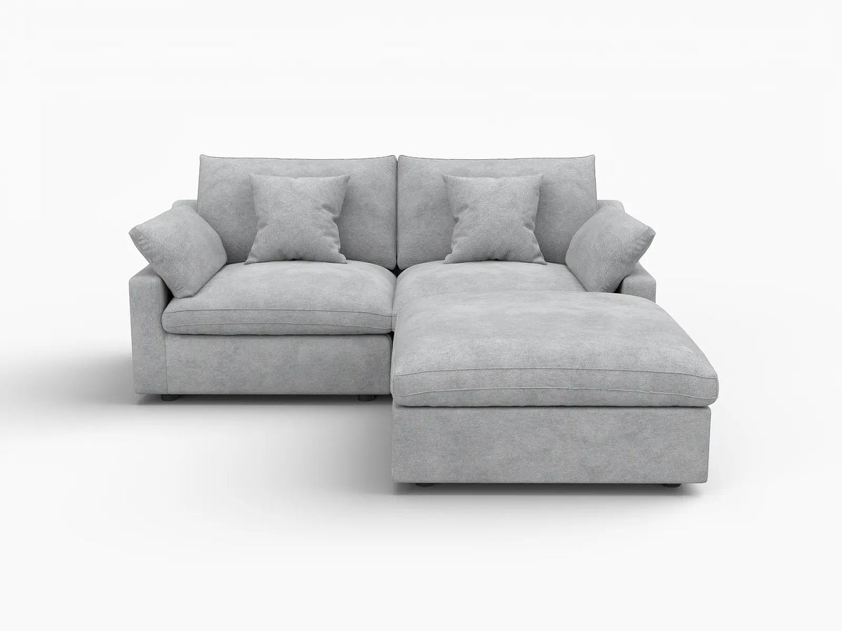 Deluxe Cloud 2-Seater Light-Grey Washable Chaise Sectional | 3-Piece (includes 1 Ottoman), Chenille and Linen Fabric, Modular Design