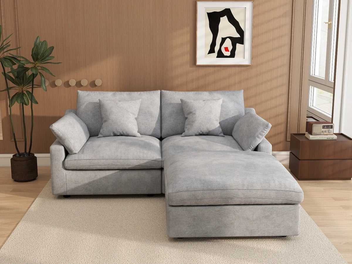 Deluxe Cloud 2-Seater Light-Grey Washable Chaise Sectional | 3-Piece (includes 1 Ottoman), Chenille and Linen Fabric, Modular Design