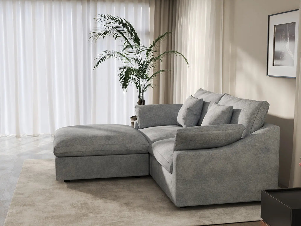 Deluxe Cloud 2-Seater Light-Grey Washable Chaise Sectional | 3-Piece (includes 1 Ottoman), Chenille and Linen Fabric, Modular Design