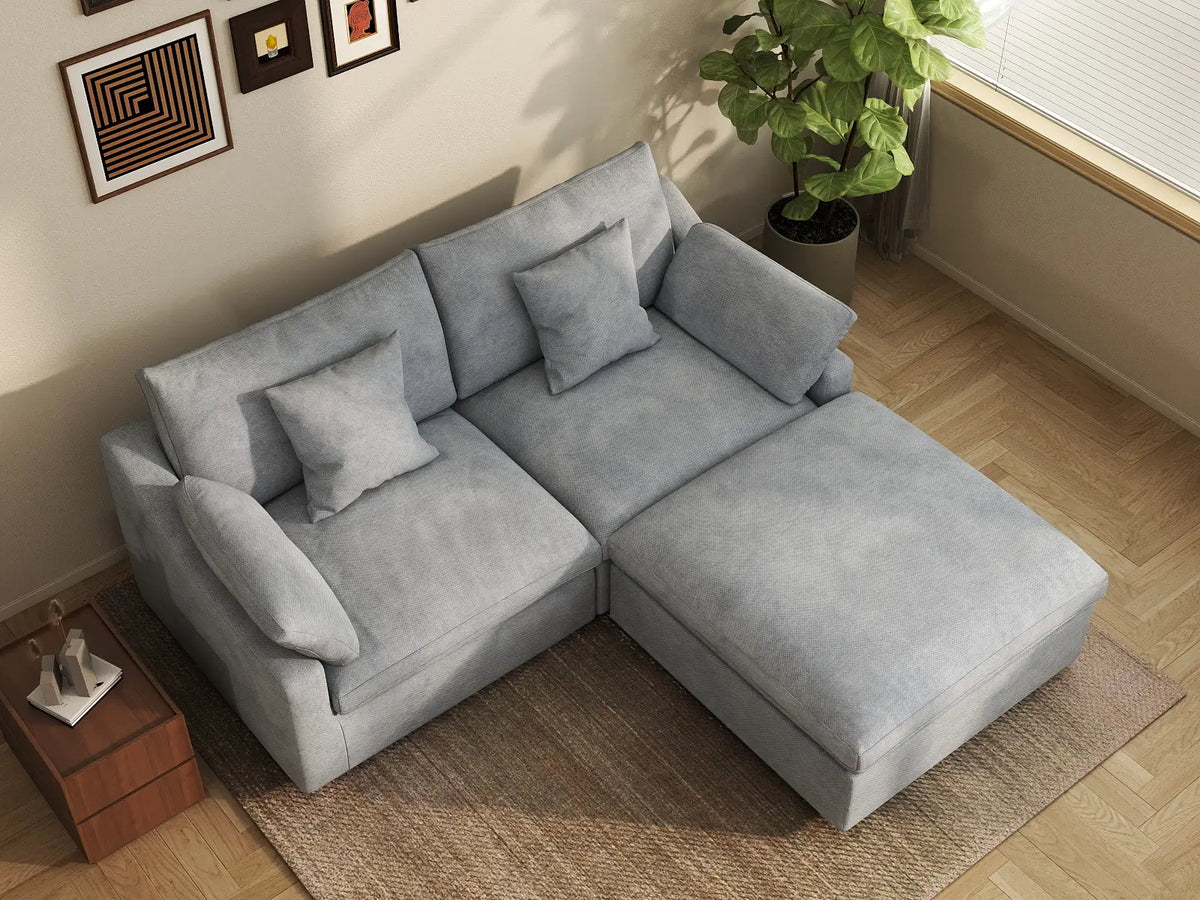 Deluxe Cloud 2-Seater Light-Grey Washable Chaise Sectional | 3-Piece (includes 1 Ottoman), Chenille and Linen Fabric, Modular Design