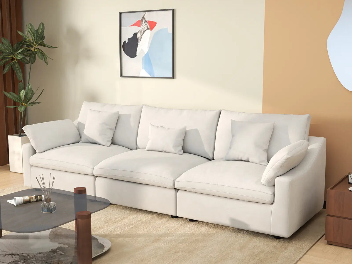 Deluxe Cloud 3-Seater White Washable Couch Sectional | 3-Piece, Chenille and Linen Fabric, Modular Design