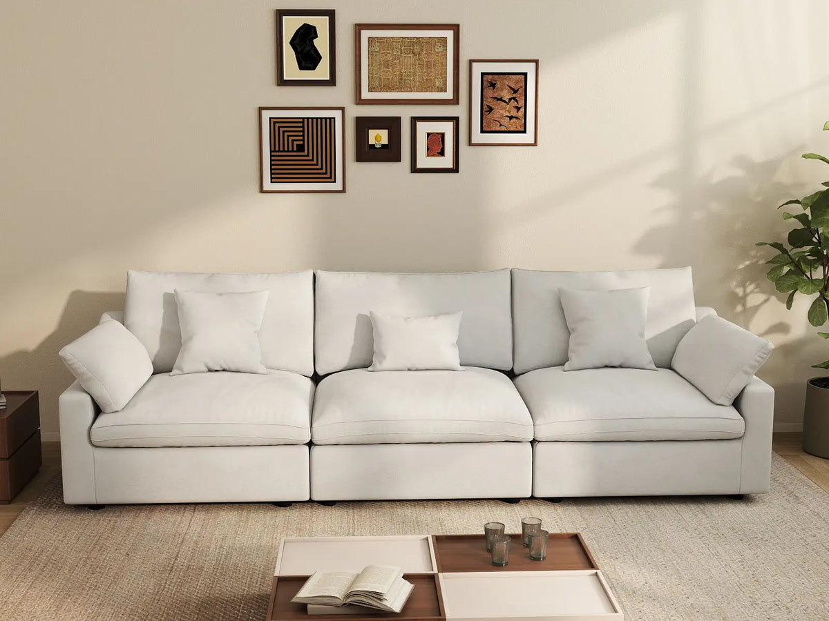 Deluxe Cloud 3-Seater White Washable Couch Sectional | 3-Piece, Chenille and Linen Fabric, Modular Design