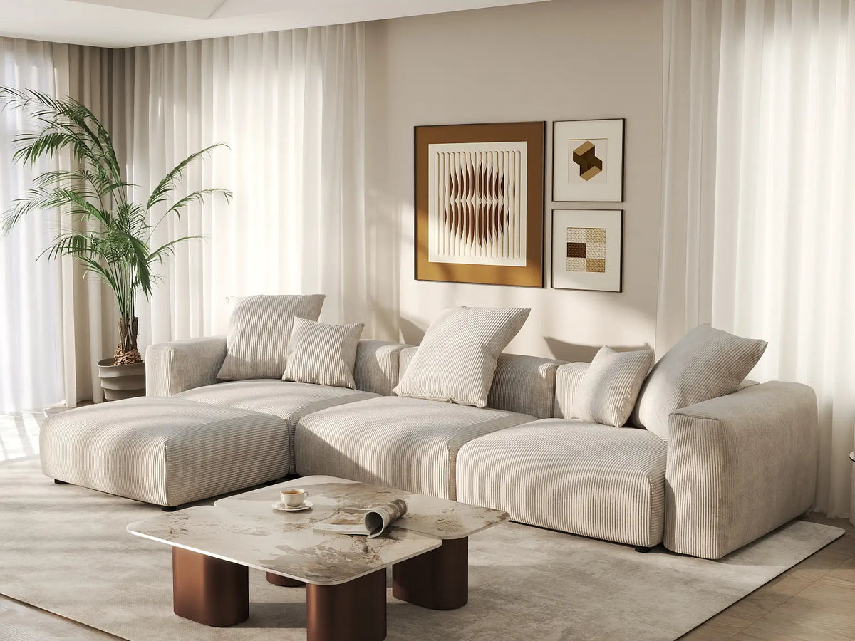 Matrix 3-Seater Beige Washable L-Shaped Sectional | 4-Piece (includes 1 Ottoman), Corduroy Fabric, Modular Design