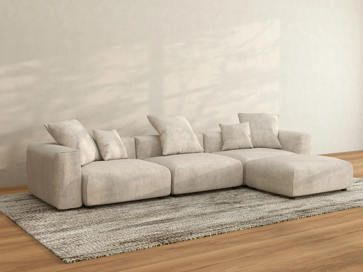 Matrix 3-Seater Beige Washable L-Shaped Sectional | 4-Piece (includes 1 Ottoman), Corduroy Fabric, Modular Design