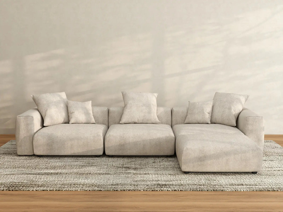 Matrix 3-Seater Beige Washable L-Shaped Sectional | 4-Piece (includes 1 Ottoman), Corduroy Fabric, Modular Design