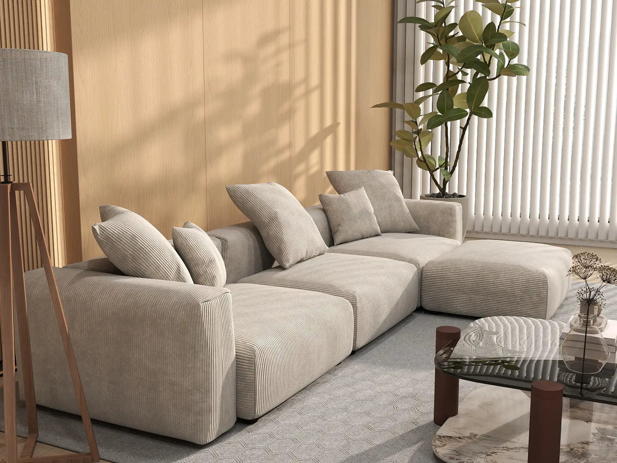 Matrix 3-Seater Beige Washable L-Shaped Sectional | 4-Piece (includes 1 Ottoman), Corduroy Fabric, Modular Design