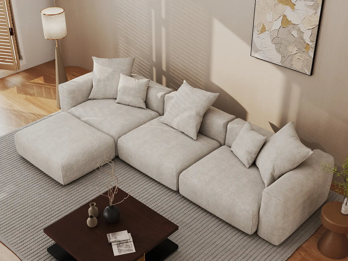 Matrix 3-Seater Beige Washable L-Shaped Sectional | 4-Piece (includes 1 Ottoman), Corduroy Fabric, Modular Design