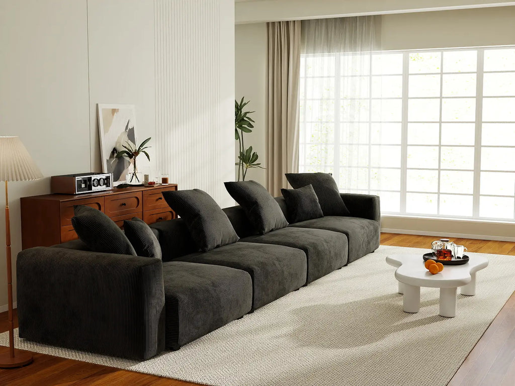 Matrix 4-Seater Black Washable Couch Sectional | 4-Piece, Corduroy Fabric, Modular Design