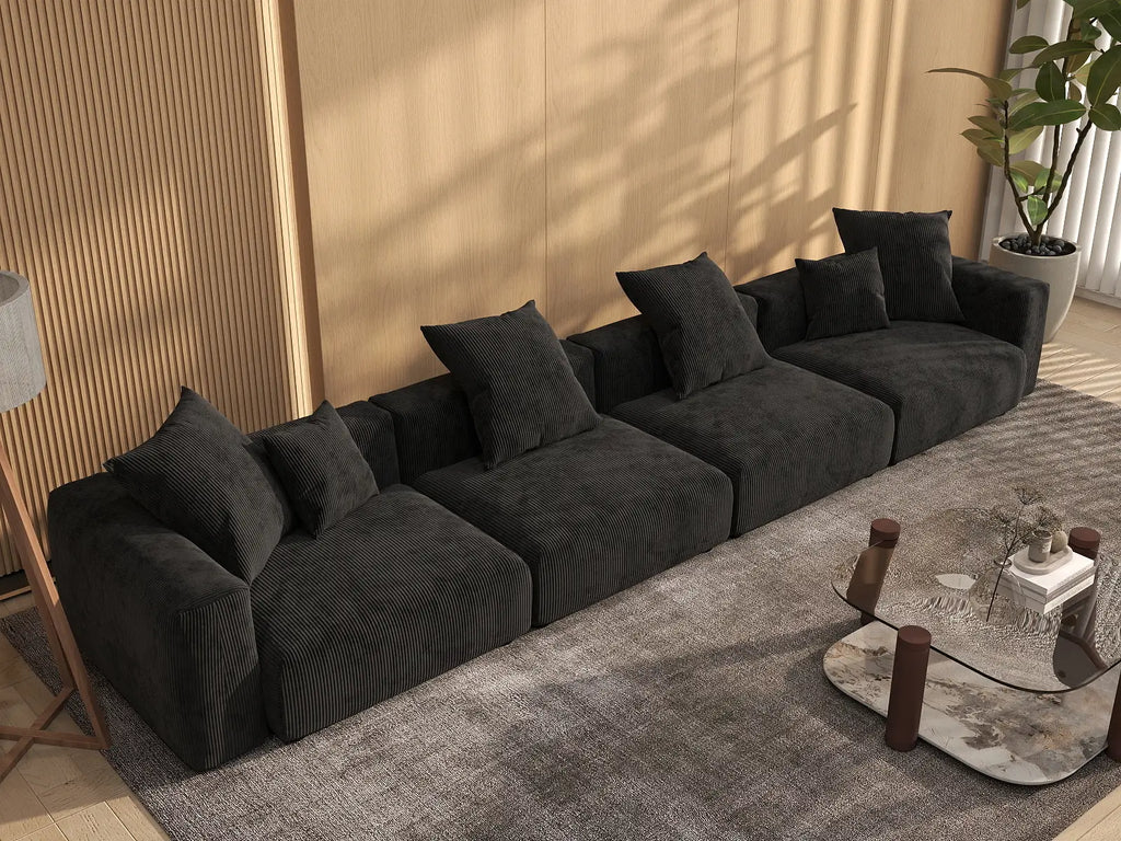 Matrix 4-Seater Black Washable Couch Sectional | 4-Piece, Corduroy Fabric, Modular Design