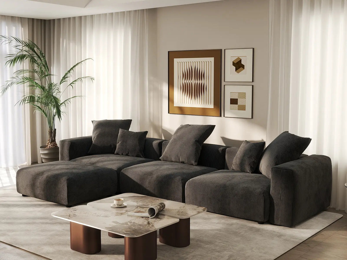 Matrix 3-Seater Black Washable L-Shaped Sectional | 4-Piece (includes 1 Ottoman), Corduroy Fabric, Modular Design