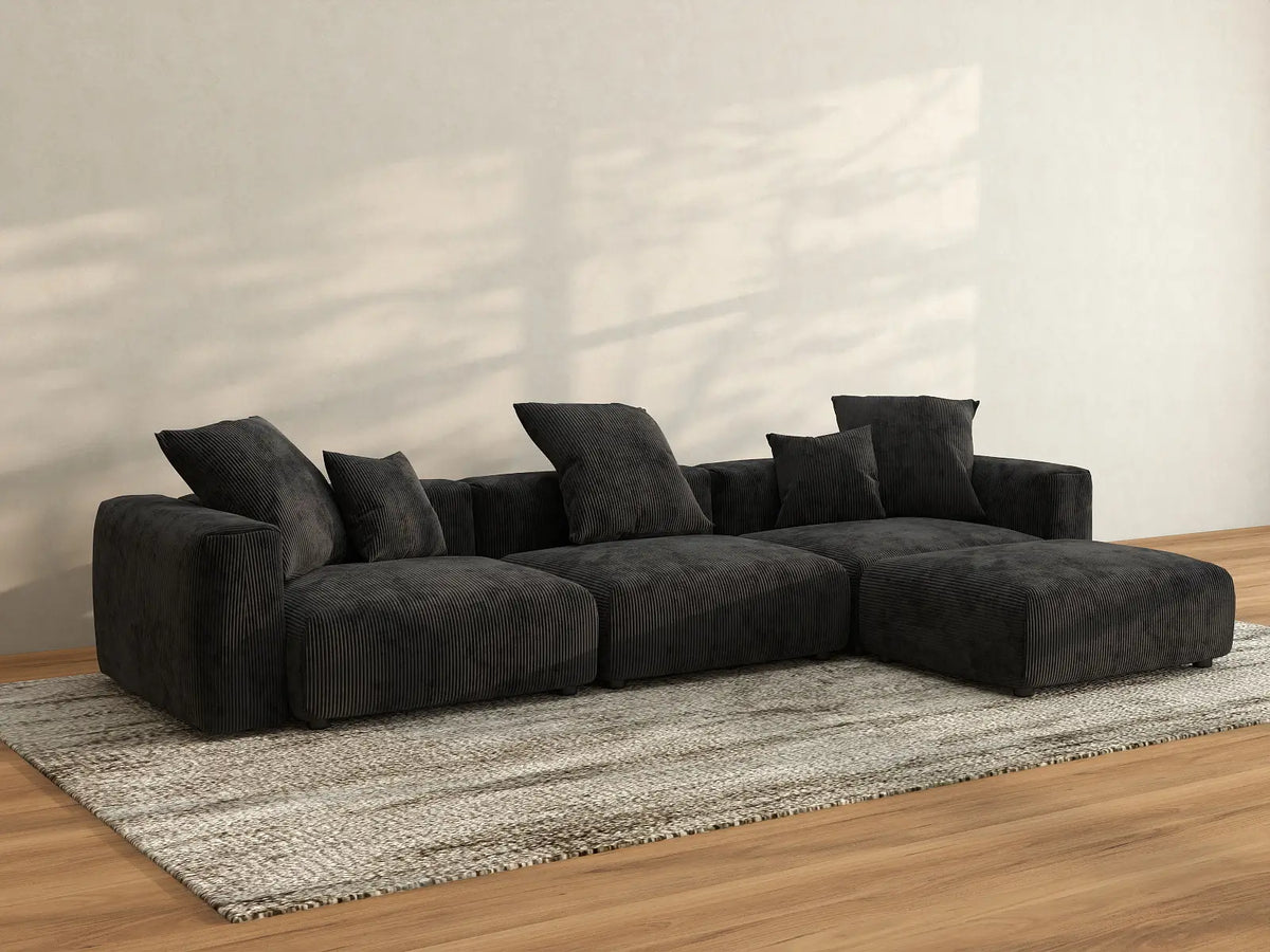 Matrix 3-Seater Black Washable L-Shaped Sectional | 4-Piece (includes 1 Ottoman), Corduroy Fabric, Modular Design
