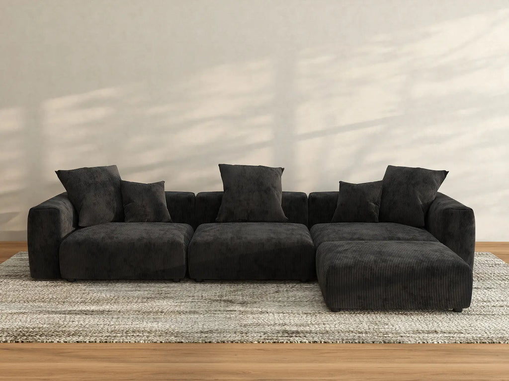 Matrix 3-Seater Black Washable L-Shaped Sectional | 4-Piece (includes 1 Ottoman), Corduroy Fabric, Modular Design