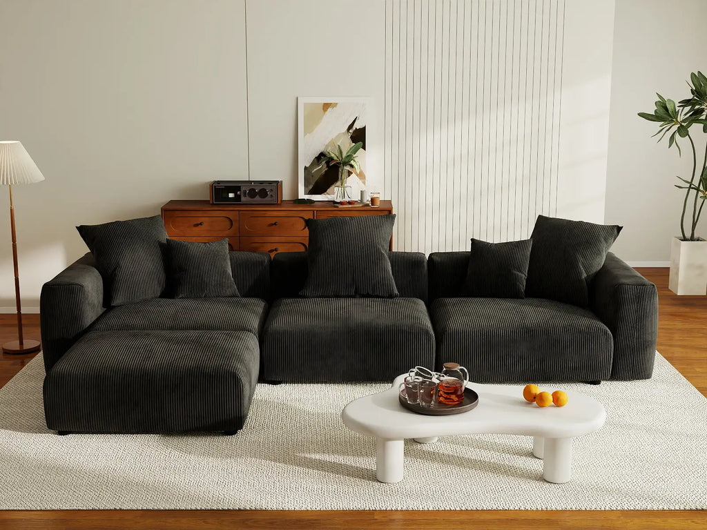 Matrix 3-Seater Black Washable L-Shaped Sectional | 4-Piece (includes 1 Ottoman), Corduroy Fabric, Modular Design