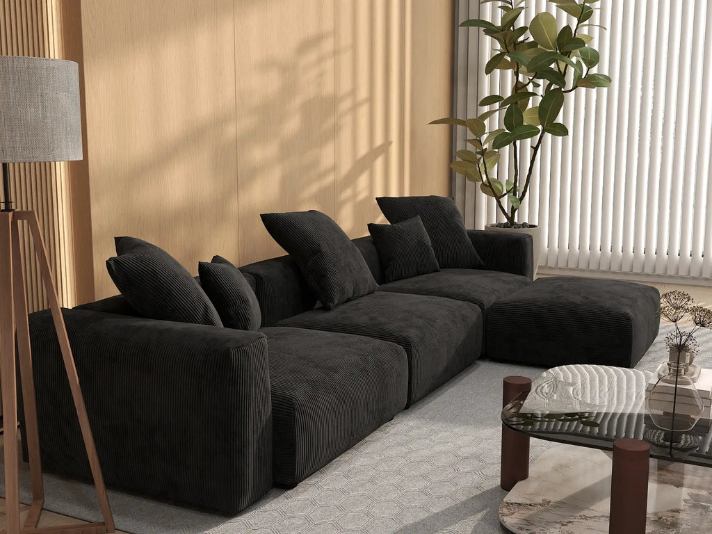 Matrix 3-Seater Black Washable L-Shaped Sectional | 4-Piece (includes 1 Ottoman), Corduroy Fabric, Modular Design
