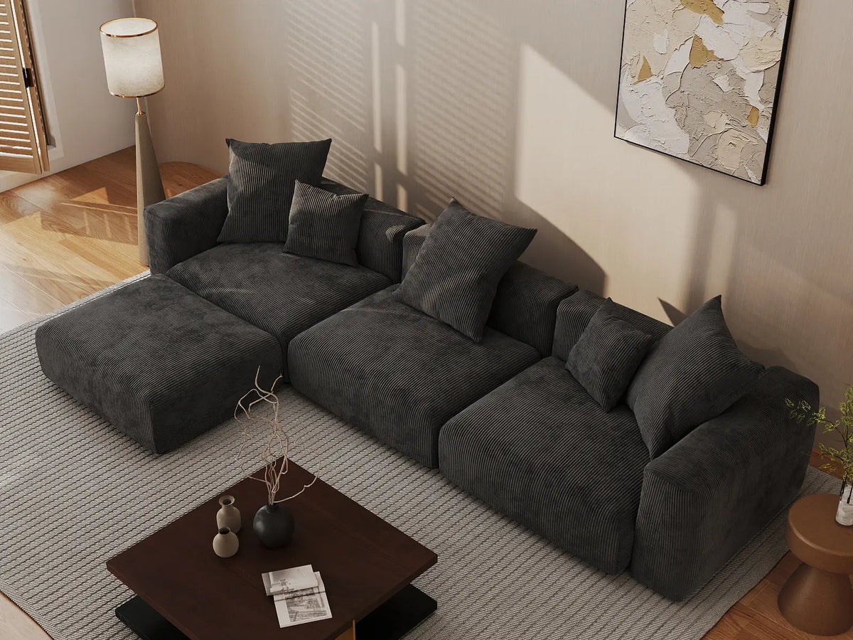 Matrix 3-Seater Black Washable L-Shaped Sectional | 4-Piece (includes 1 Ottoman), Corduroy Fabric, Modular Design
