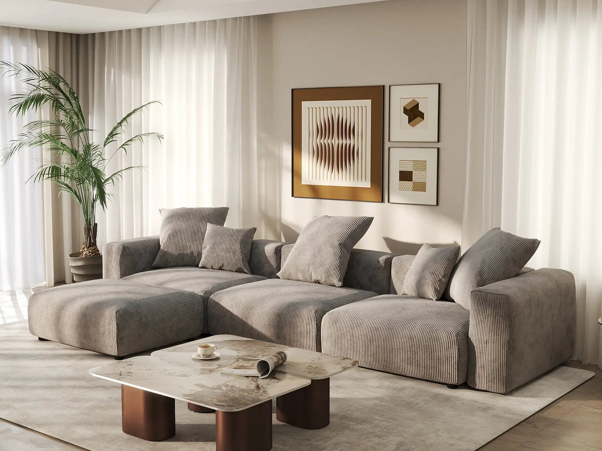Matrix 3-Seater Brown Washable L-Shaped Sectional | 4-Piece (includes 1 Ottoman), Corduroy Fabric, Modular Design