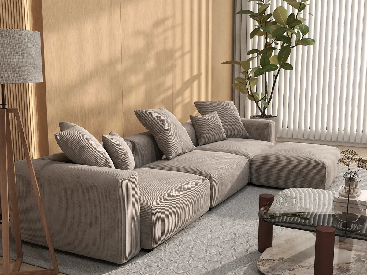 Matrix 3-Seater Brown Washable L-Shaped Sectional | 4-Piece (includes 1 Ottoman), Corduroy Fabric, Modular Design