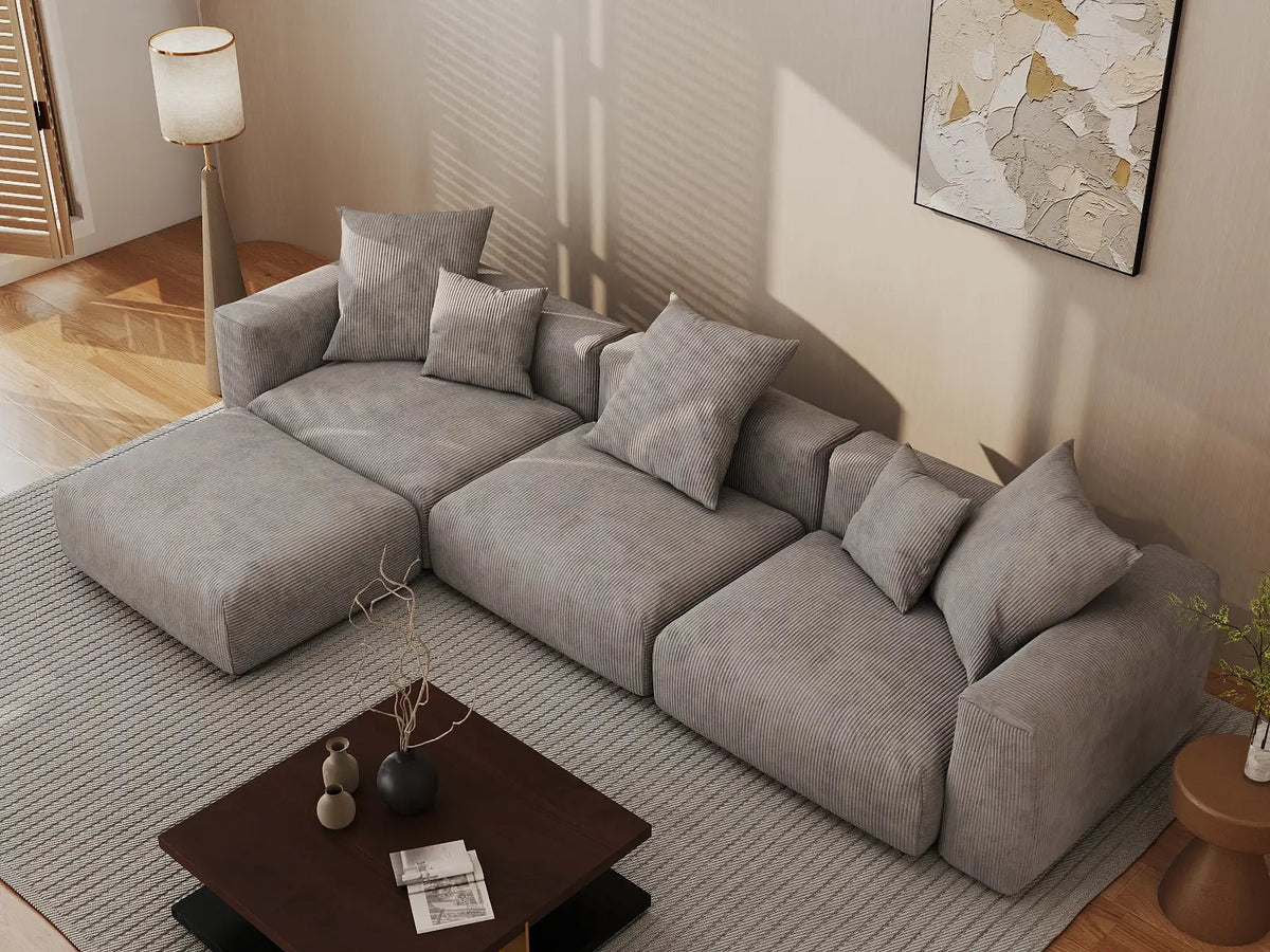 Matrix 3-Seater Brown Washable L-Shaped Sectional | 4-Piece (includes 1 Ottoman), Corduroy Fabric, Modular Design