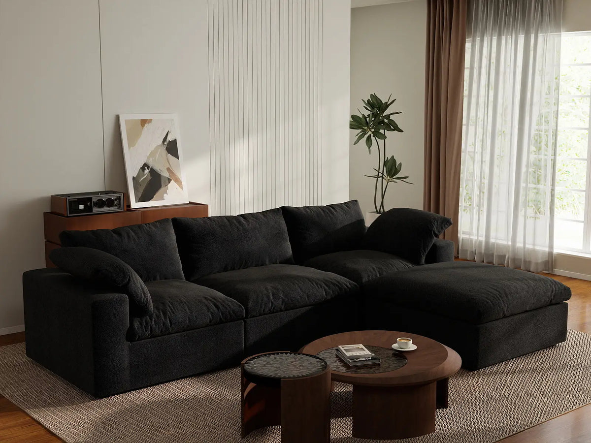 Deluxe Cloud 3-Seater Black Storage L-Shaped Sectional | 4-Piece (includes 1 Ottoman), Cotton and Linen Fabric, Washable Covers