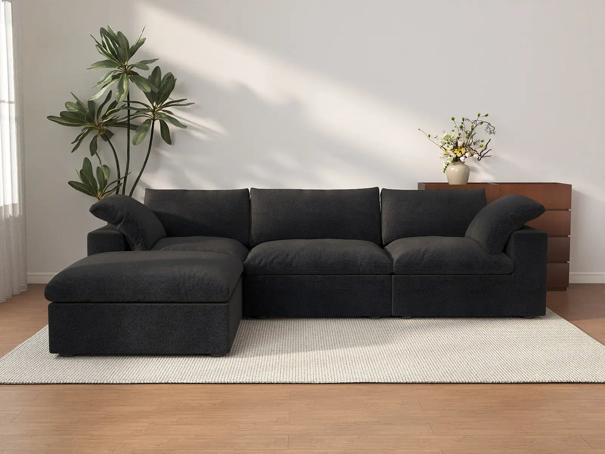 Deluxe Cloud 3-Seater Black Storage L-Shaped Sectional | 4-Piece (includes 1 Ottoman), Cotton and Linen Fabric, Washable Covers