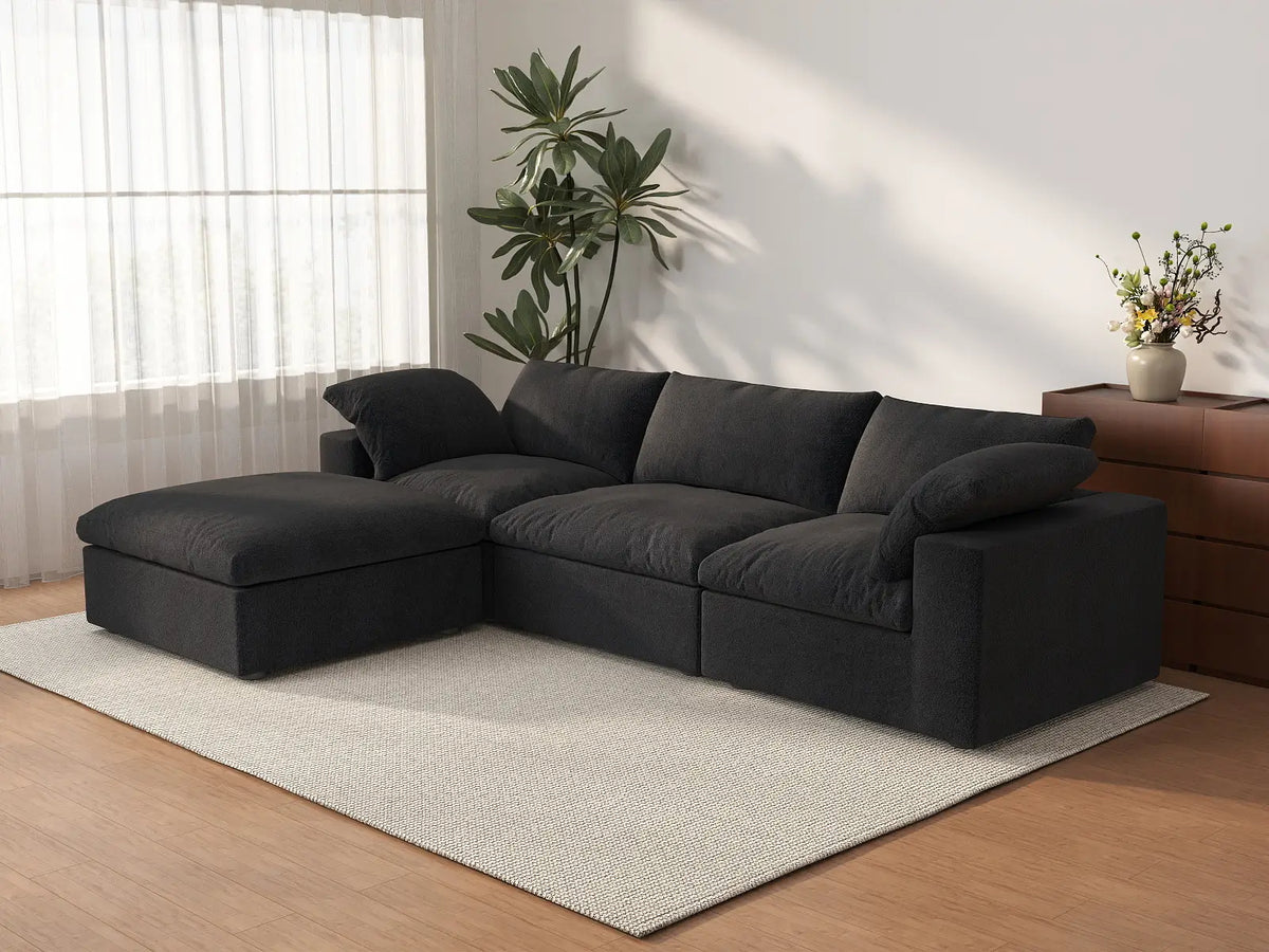 Deluxe Cloud 3-Seater Black Storage L-Shaped Sectional | 4-Piece (includes 1 Ottoman), Cotton and Linen Fabric, Washable Covers