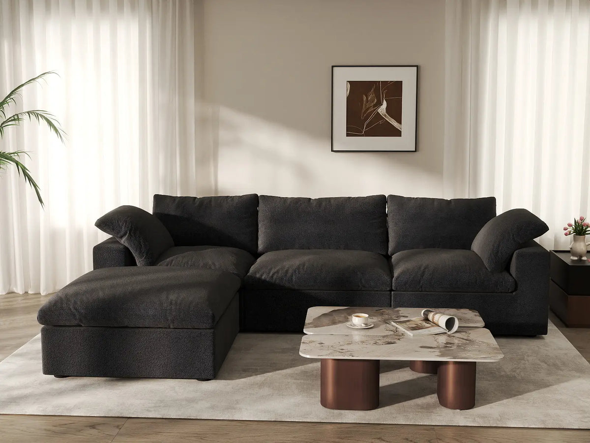 Deluxe Cloud 3-Seater Black Storage L-Shaped Sectional | 4-Piece (includes 1 Ottoman), Cotton and Linen Fabric, Washable Covers