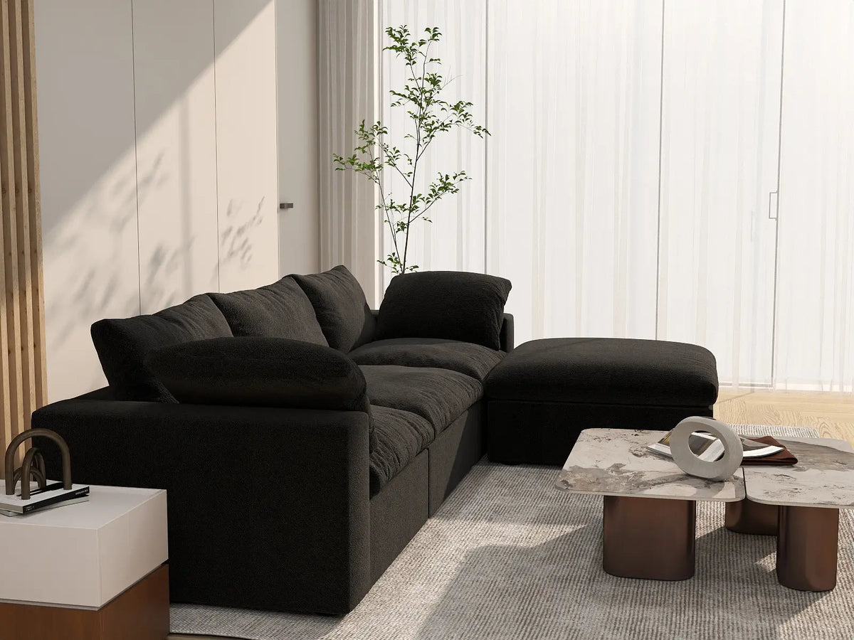 Deluxe Cloud 3-Seater Black Storage L-Shaped Sectional | 4-Piece (includes 1 Ottoman), Cotton and Linen Fabric, Washable Covers