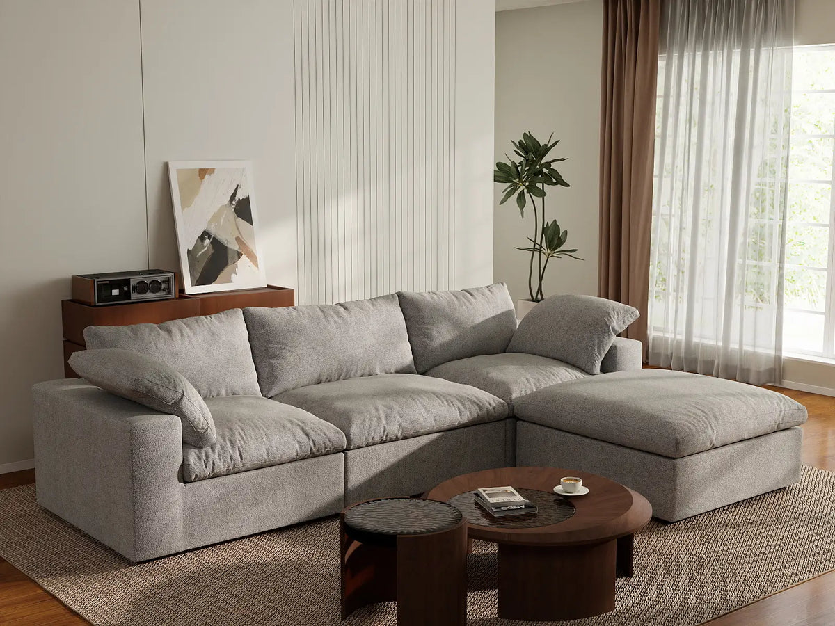 Deluxe Cloud 3-Seater Light-Grey Storage L-Shaped Sectional | 4-Piece (includes 1 Ottoman), Cotton and Linen Fabric, Washable Covers