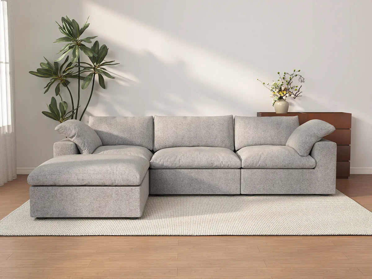 Deluxe Cloud 3-Seater Light-Grey Storage L-Shaped Sectional | 4-Piece (includes 1 Ottoman), Cotton and Linen Fabric, Washable Covers
