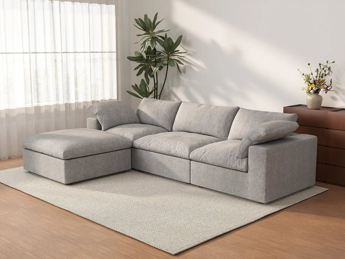 Deluxe Cloud 3-Seater Light-Grey Storage L-Shaped Sectional | 4-Piece (includes 1 Ottoman), Cotton and Linen Fabric, Washable Covers