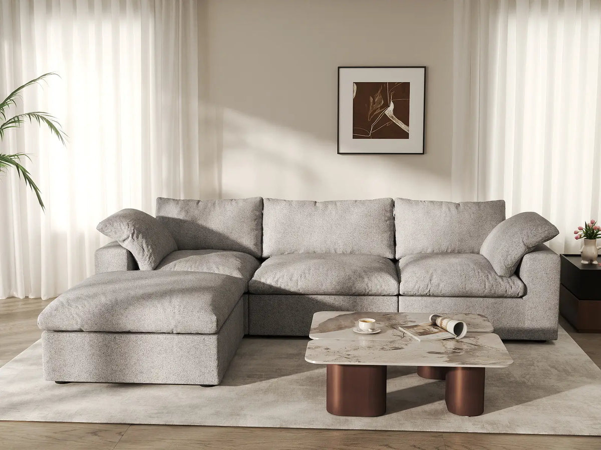 Deluxe Cloud 3-Seater Light-Grey Storage L-Shaped Sectional | 4-Piece (includes 1 Ottoman), Cotton and Linen Fabric, Washable Covers