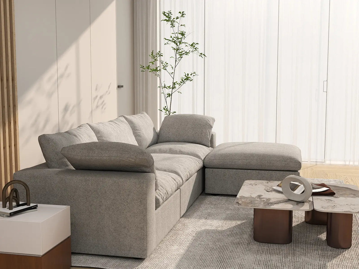 Deluxe Cloud 3-Seater Light-Grey Storage L-Shaped Sectional | 4-Piece (includes 1 Ottoman), Cotton and Linen Fabric, Washable Covers