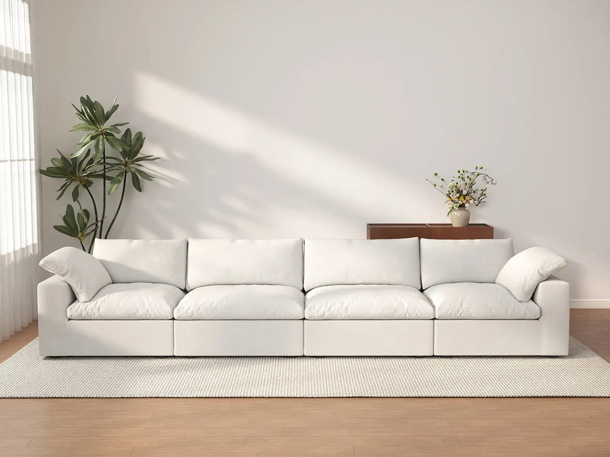 Deluxe Cloud 4-Seater White Washable Couch Sectional | 4-Piece, Cotton and Linen Fabric, Modular Design
