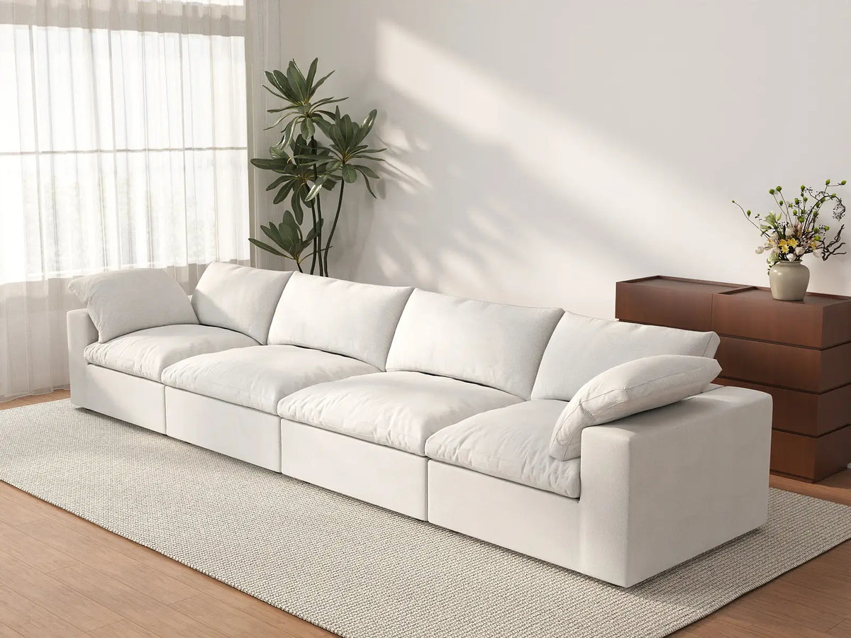 Deluxe Cloud 4-Seater White Washable Couch Sectional | 4-Piece, Cotton and Linen Fabric, Modular Design