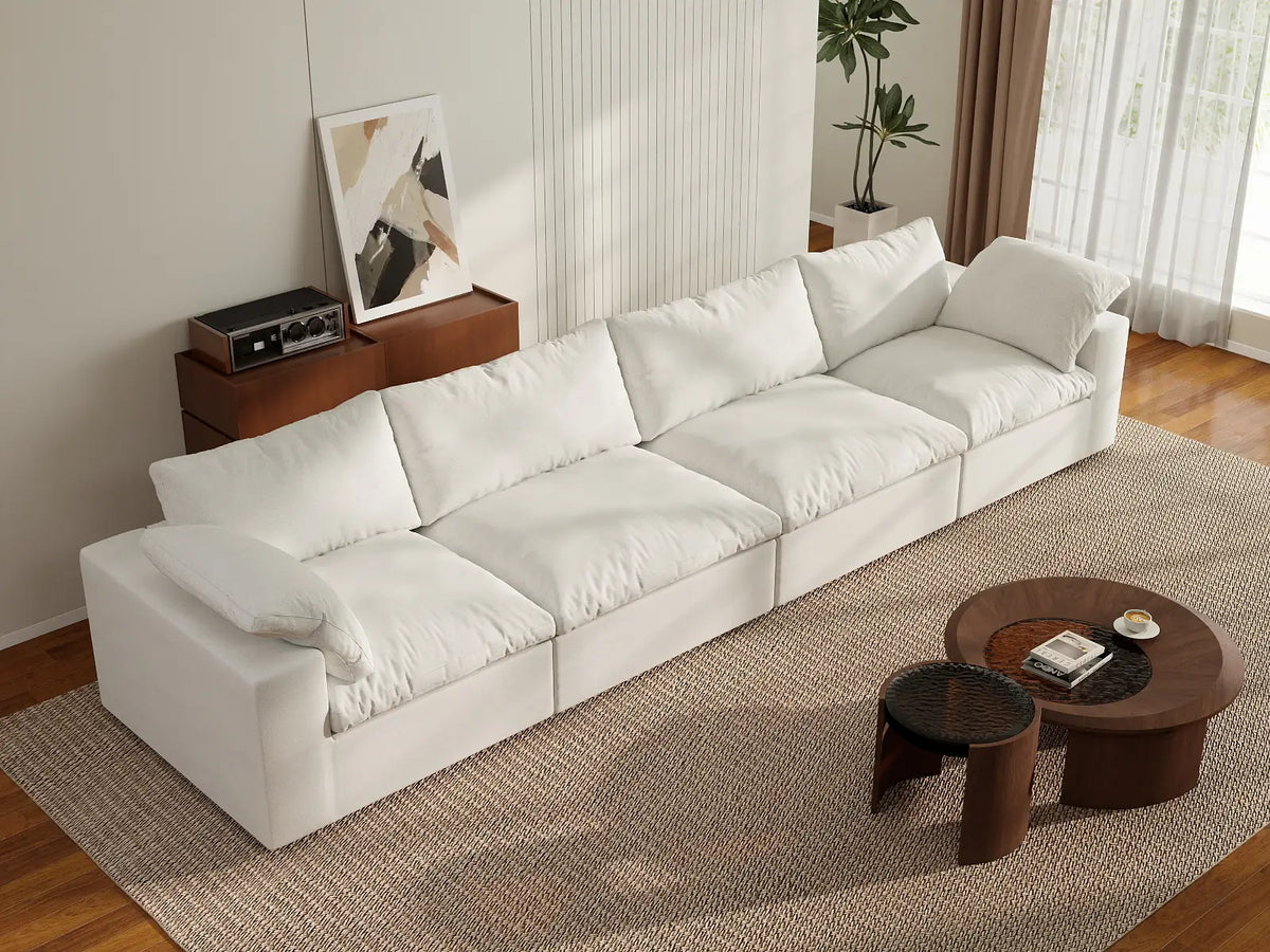 Deluxe Cloud 4-Seater White Washable Couch Sectional | 4-Piece, Cotton and Linen Fabric, Modular Design
