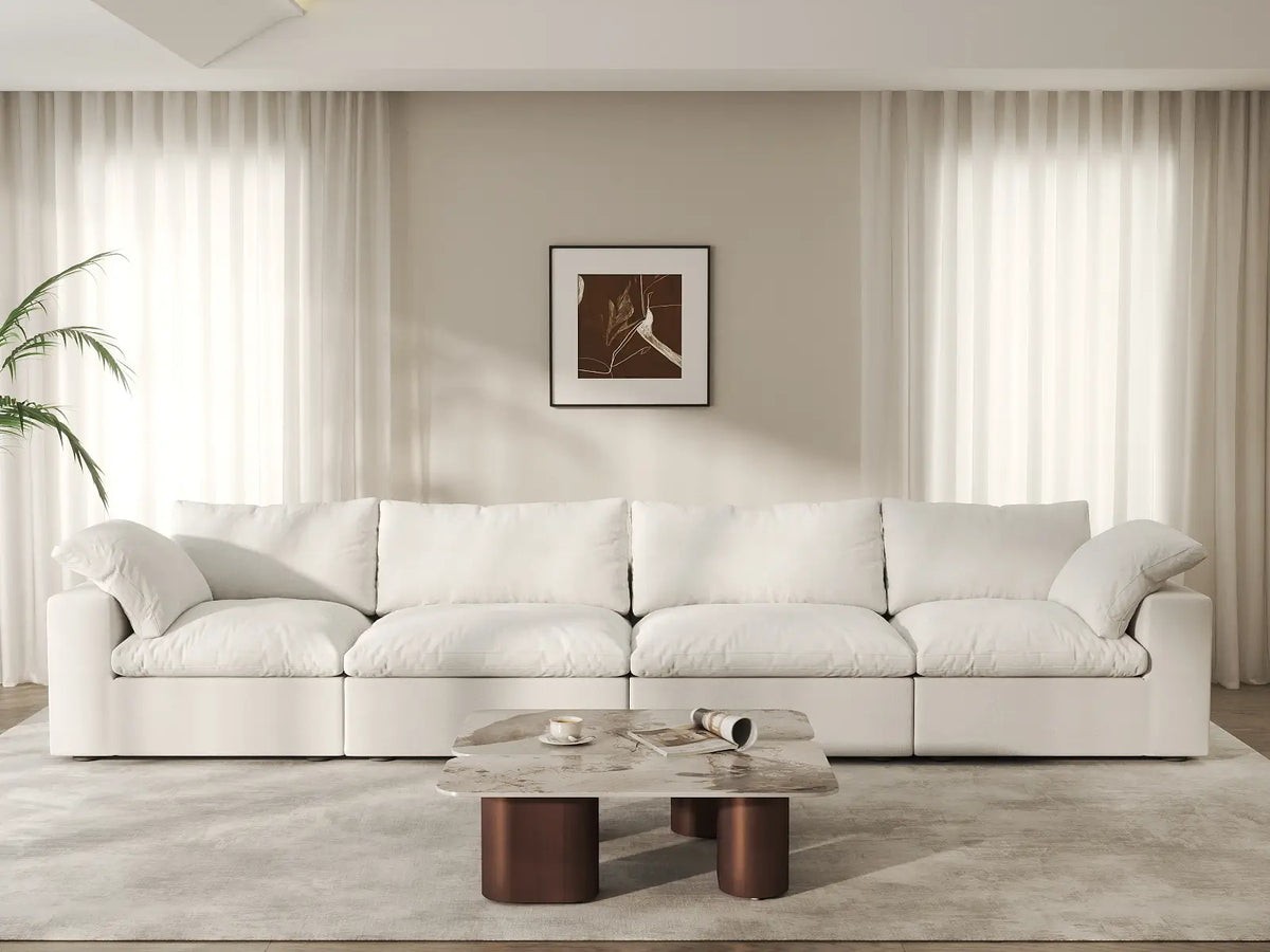 Deluxe Cloud 4-Seater White Washable Couch Sectional | 4-Piece, Cotton and Linen Fabric, Modular Design