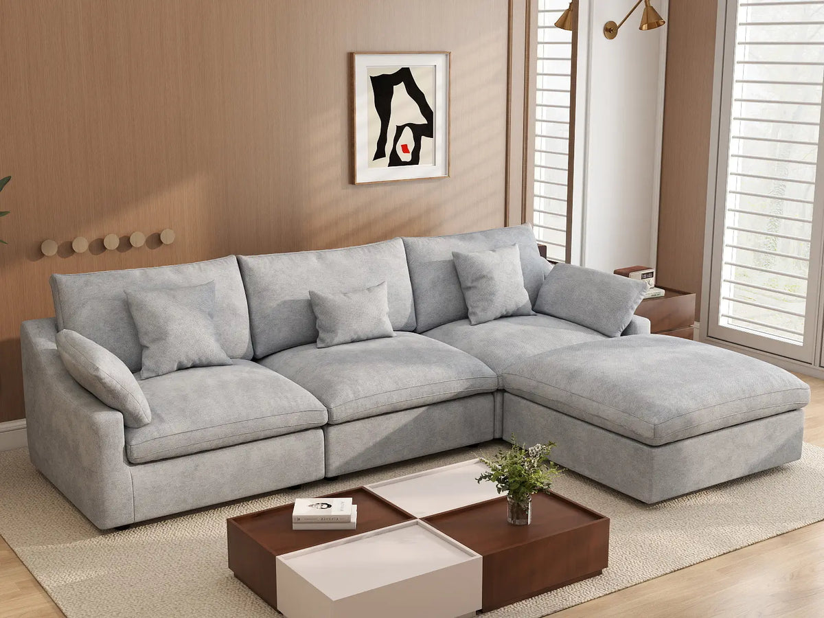 Deluxe Cloud 3-Seater Light-Grey Washable L-Shaped Sectional | 4-Piece (includes 1 Ottoman), Chenille and Linen Fabric, Modular Design