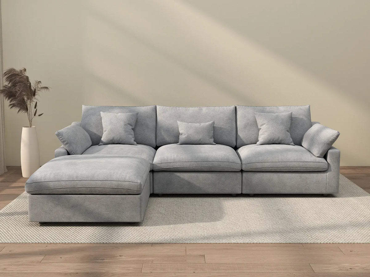 Deluxe Cloud 3-Seater Light-Grey Washable L-Shaped Sectional | 4-Piece (includes 1 Ottoman), Chenille and Linen Fabric, Modular Design