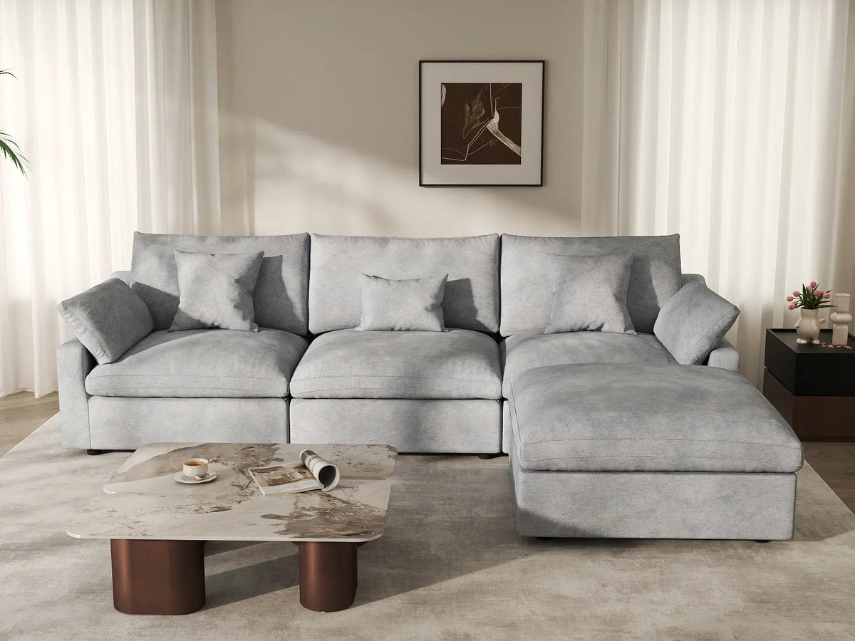 Deluxe Cloud 3-Seater Light-Grey Washable L-Shaped Sectional | 4-Piece (includes 1 Ottoman), Chenille and Linen Fabric, Modular Design