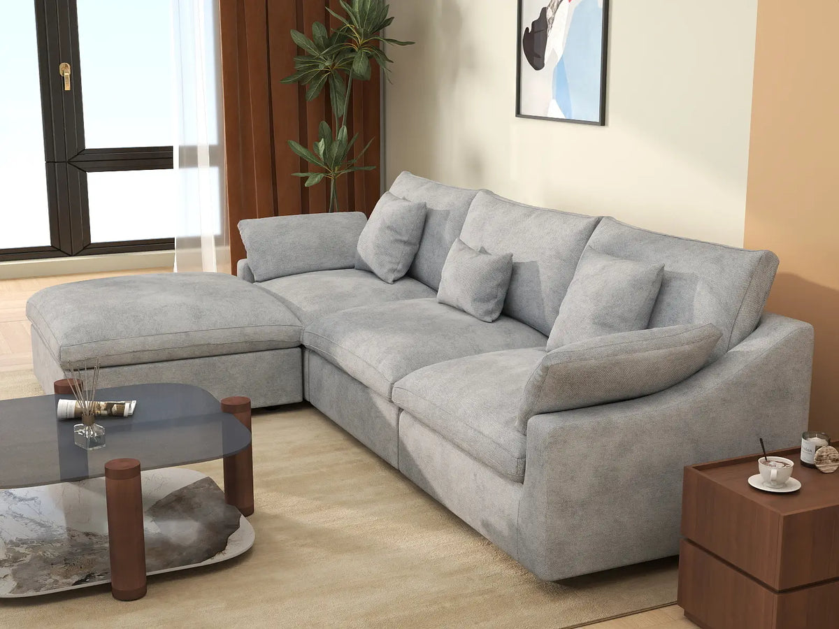 Deluxe Cloud 3-Seater Light-Grey Washable L-Shaped Sectional | 4-Piece (includes 1 Ottoman), Chenille and Linen Fabric, Modular Design