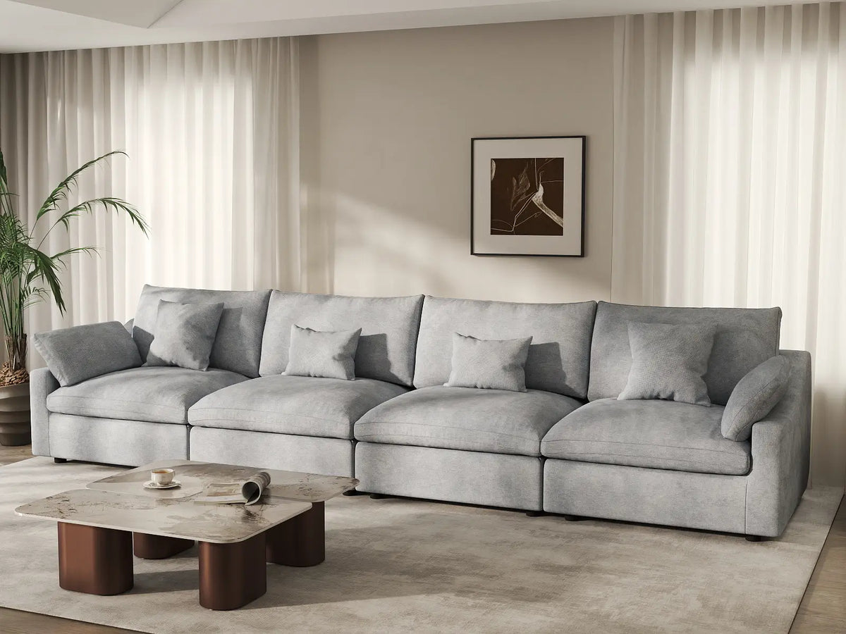 Deluxe Cloud 4-Seater Light-Grey Washable Couch Sectional | 4-Piece, Chenille and Linen Fabric, Modular Design