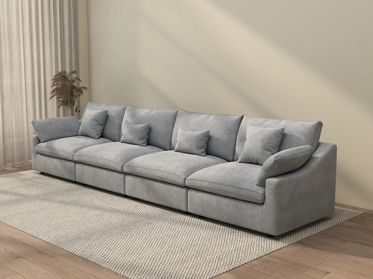 Deluxe Cloud 4-Seater Light-Grey Washable Couch Sectional | 4-Piece, Chenille and Linen Fabric, Modular Design