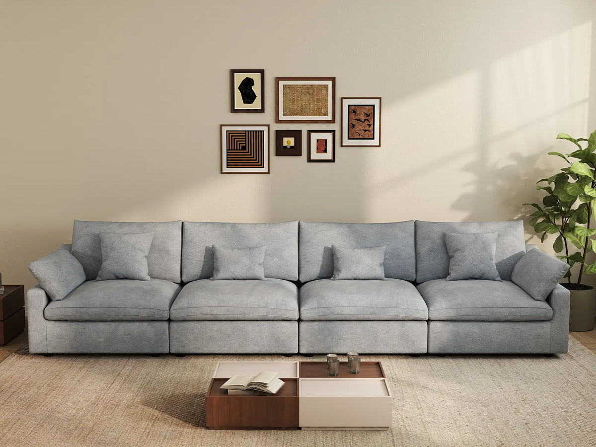 Deluxe Cloud 4-Seater Light-Grey Washable Couch Sectional | 4-Piece, Chenille and Linen Fabric, Modular Design