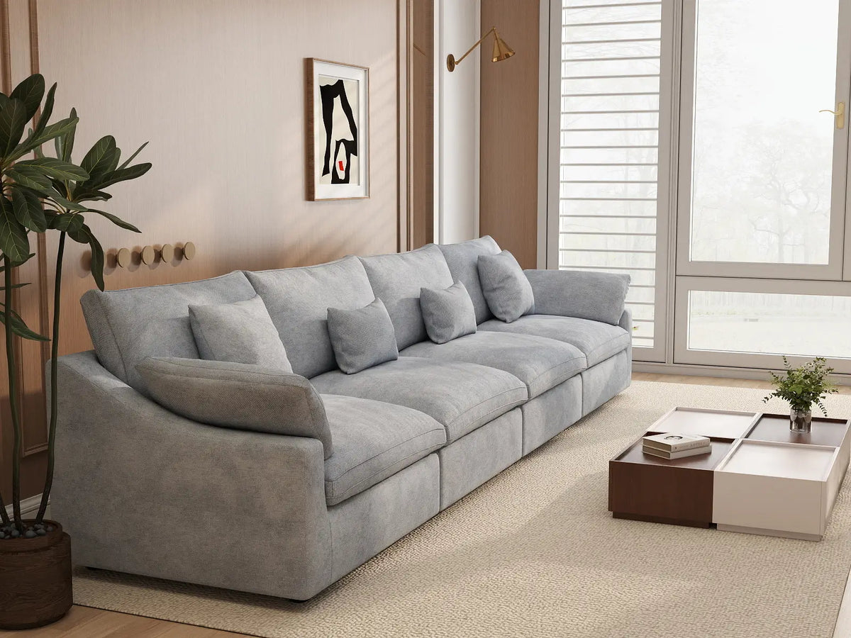 Deluxe Cloud 4-Seater Light-Grey Washable Couch Sectional | 4-Piece, Chenille and Linen Fabric, Modular Design