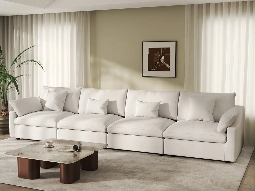 Deluxe Cloud 4-Seater White Washable Couch Sectional | 4-Piece, Chenille and Linen Fabric, Modular Design