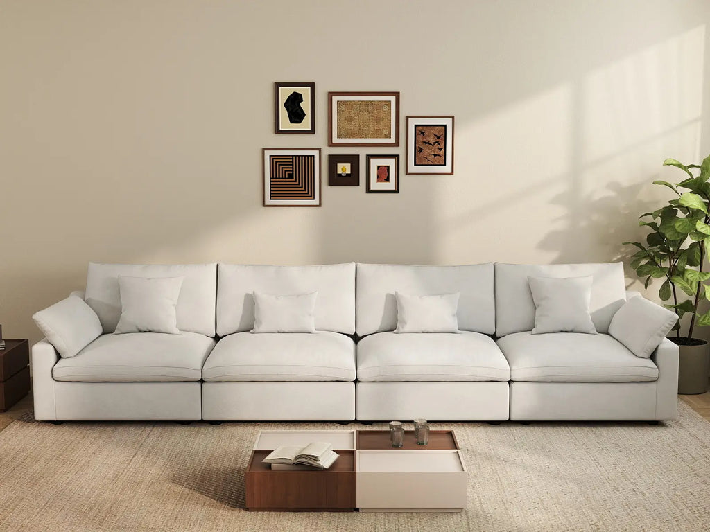 Deluxe Cloud 4-Seater White Washable Couch Sectional | 4-Piece, Chenille and Linen Fabric, Modular Design