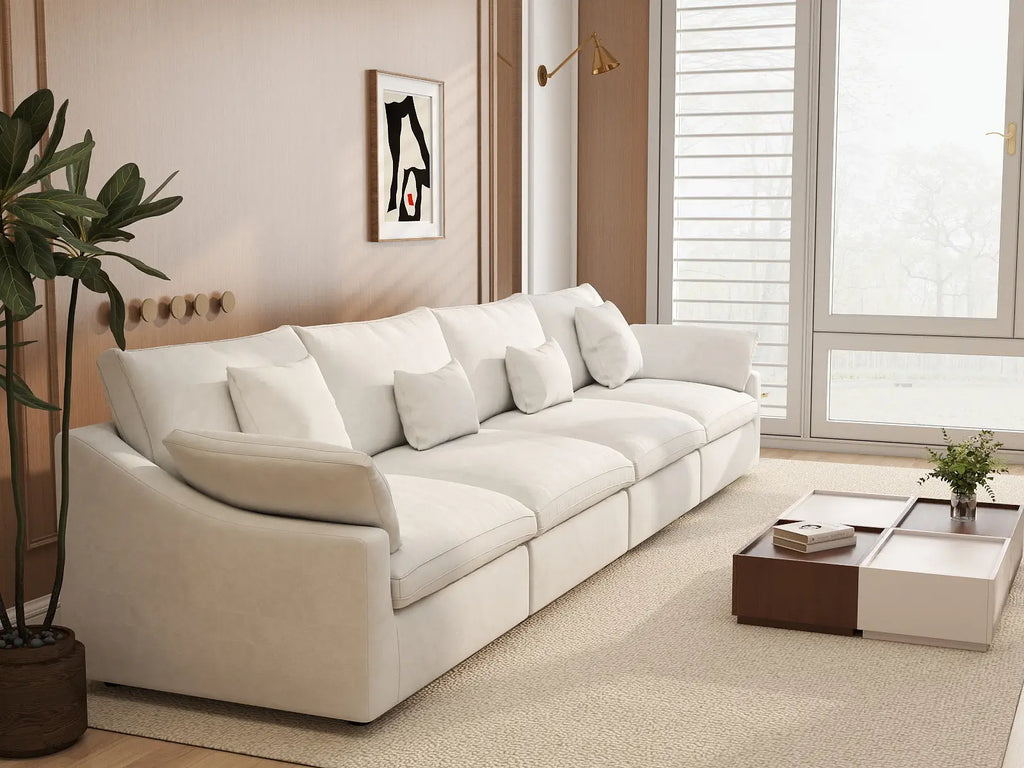Deluxe Cloud 4-Seater White Washable Couch Sectional | 4-Piece, Chenille and Linen Fabric, Modular Design