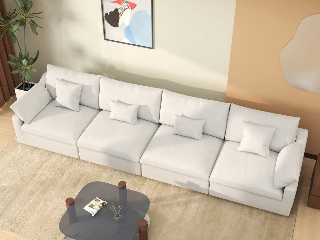 Deluxe Cloud 4-Seater White Washable Couch Sectional | 4-Piece, Chenille and Linen Fabric, Modular Design