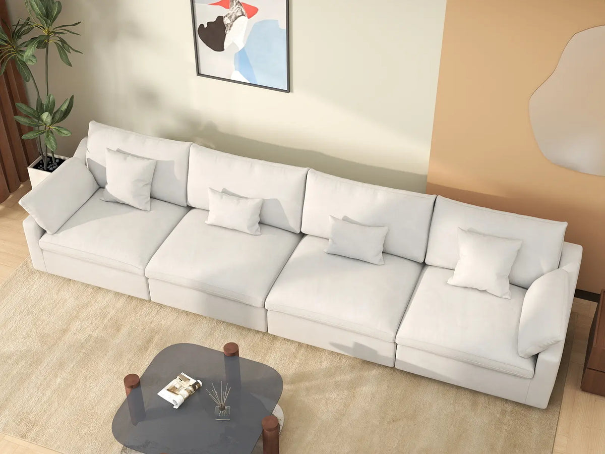 Deluxe Cloud 4-Seater White Washable Couch Sectional | 4-Piece, Chenille and Linen Fabric, Modular Design